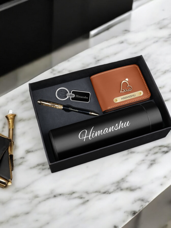 Personalized Wallet Keychain Pen Combo With Temperature Bottle-Tan