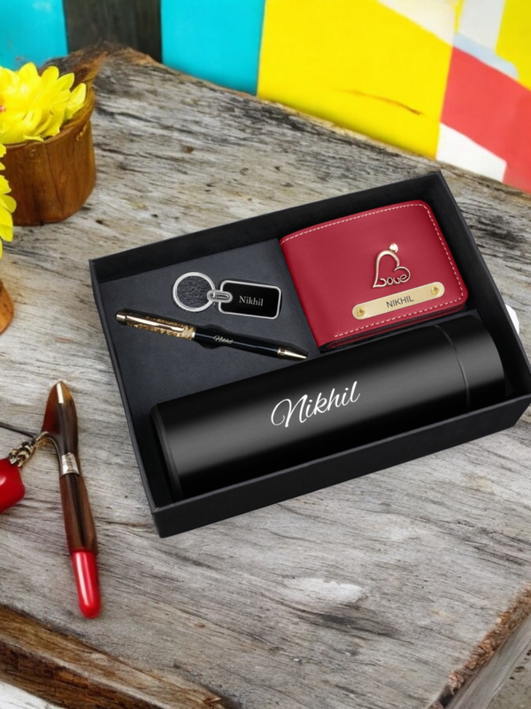 Personalized Wallet Keychain Pen Combo With Temperature Bottle-Red